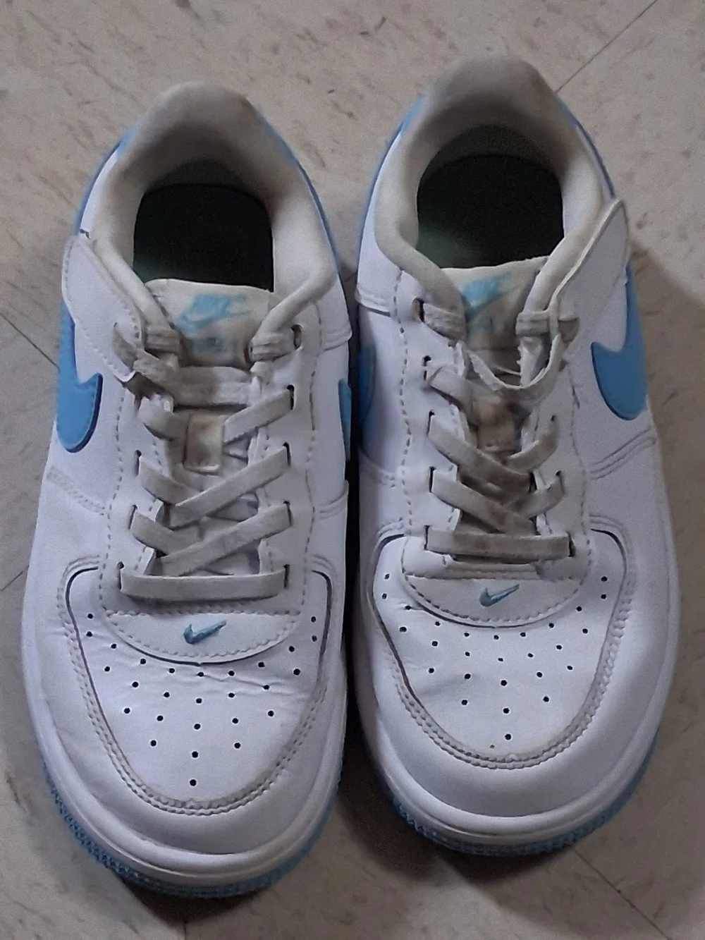 Nike AF1 White Sneakers with Light Blue Swoosh